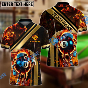 BlueJose Billiards Cool 8 Ball Cartoon Fire Flames Golden Line Style Personalized Name, Team Name Unisex Shirt (4 Colors)