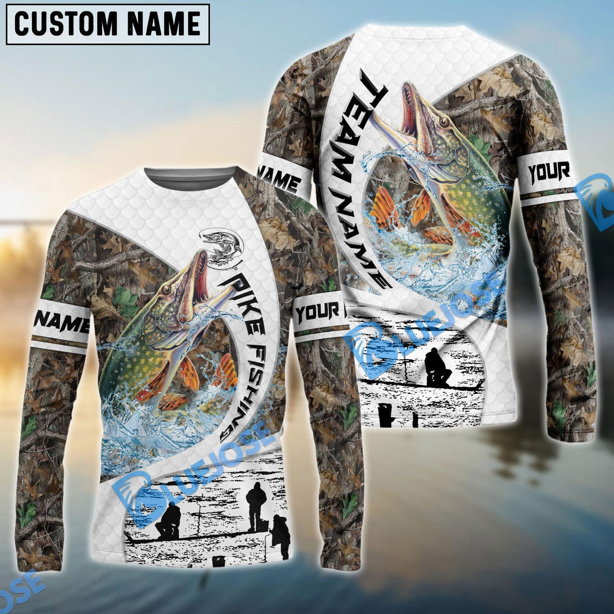 Bluejose Pike Fishing Camo Forest Scene Custom Name &amp; Team Name 3D Shirts