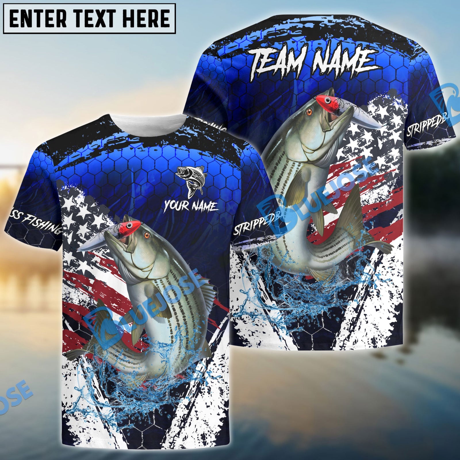 Bluejose Striped Bass Fishing Dark Blue Scratch American Flag scratch Sport Custom Name & Team Name 3D Shirts