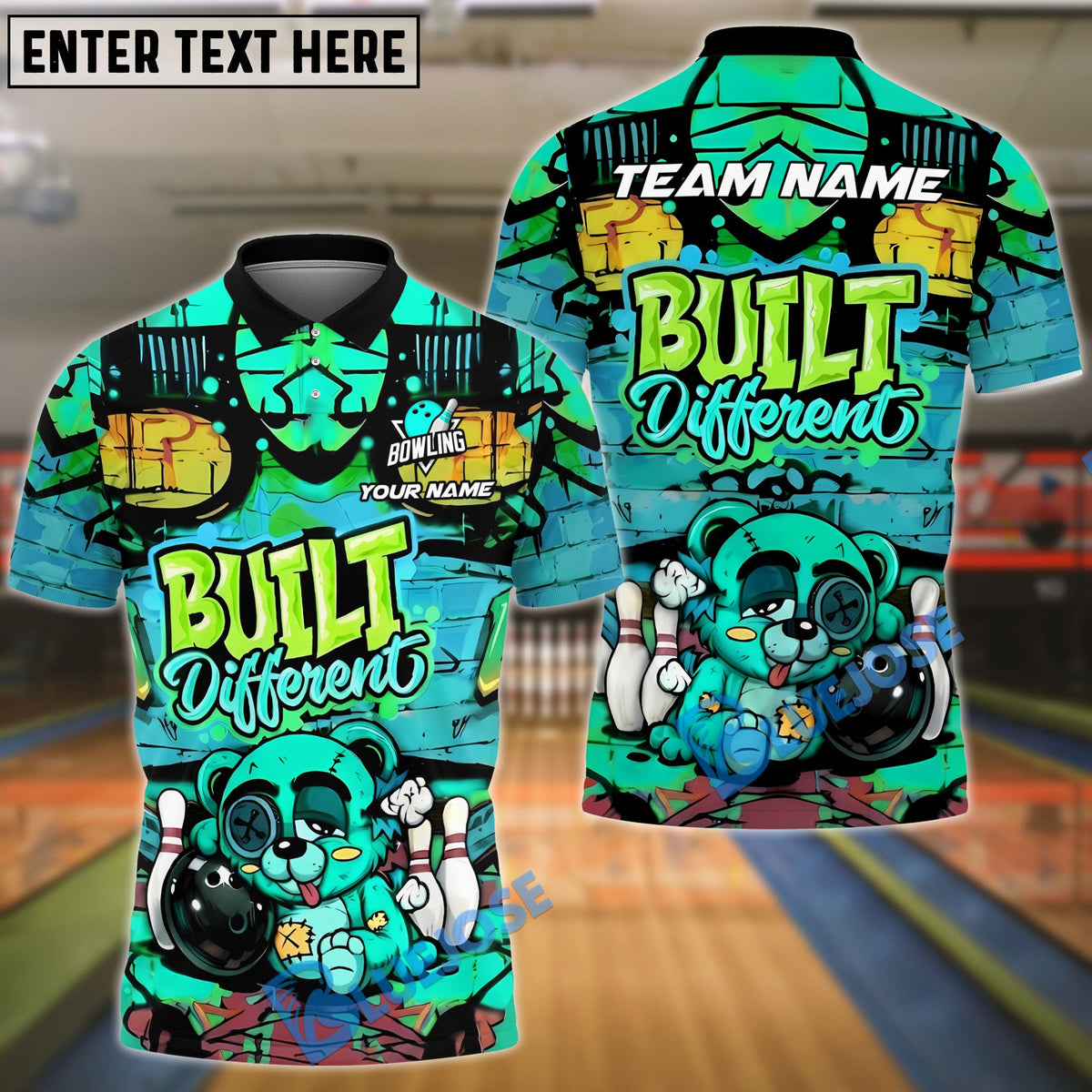 BlueJose Bowling & Pins Built Different Graffiti Teddy Bear Customized Name, Team Name 3D Shirt (4 Colors)