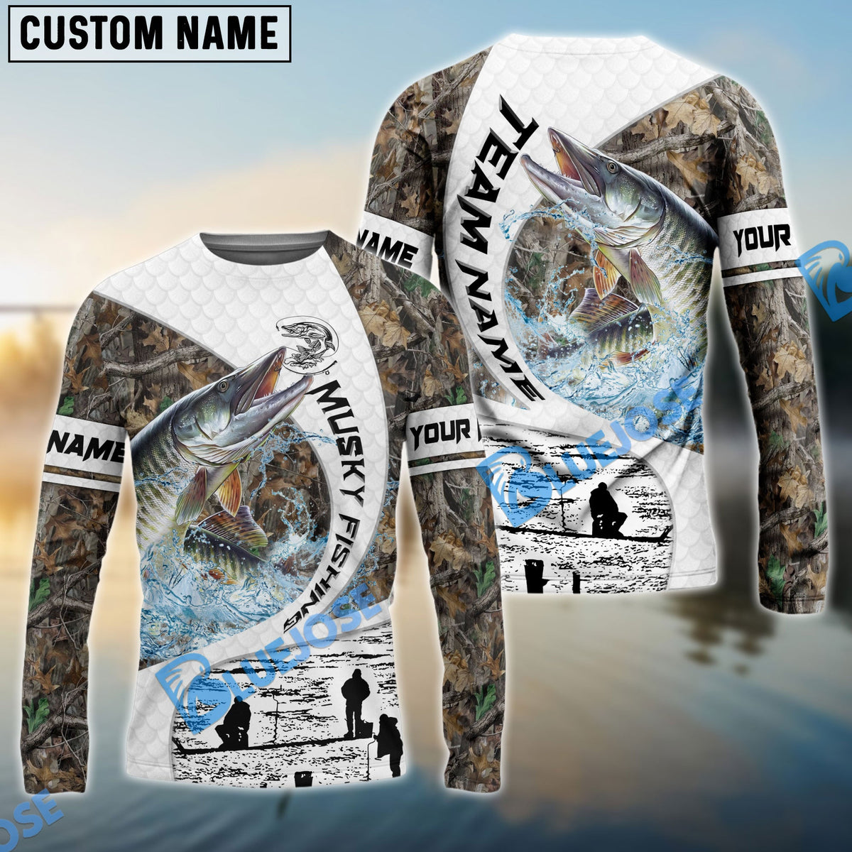 Bluejose Musky Fishing Camo Forest Scene Custom Name &amp; Team Name 3D Shirts