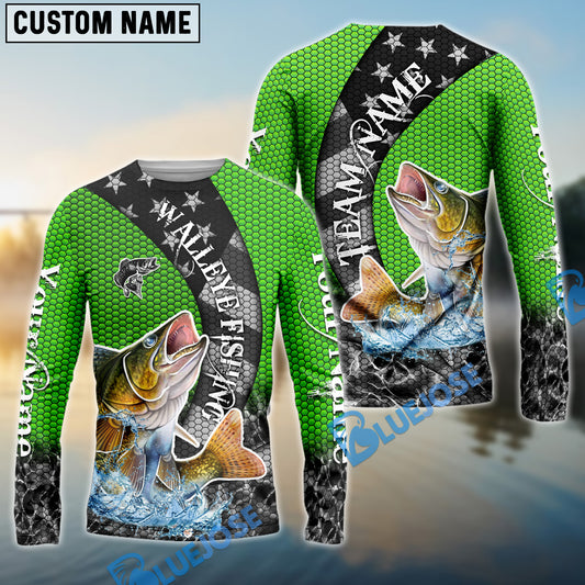 Bluejose Walleye Fishing American Flag Green Stars Custom Name & Team Name 3D Shirts