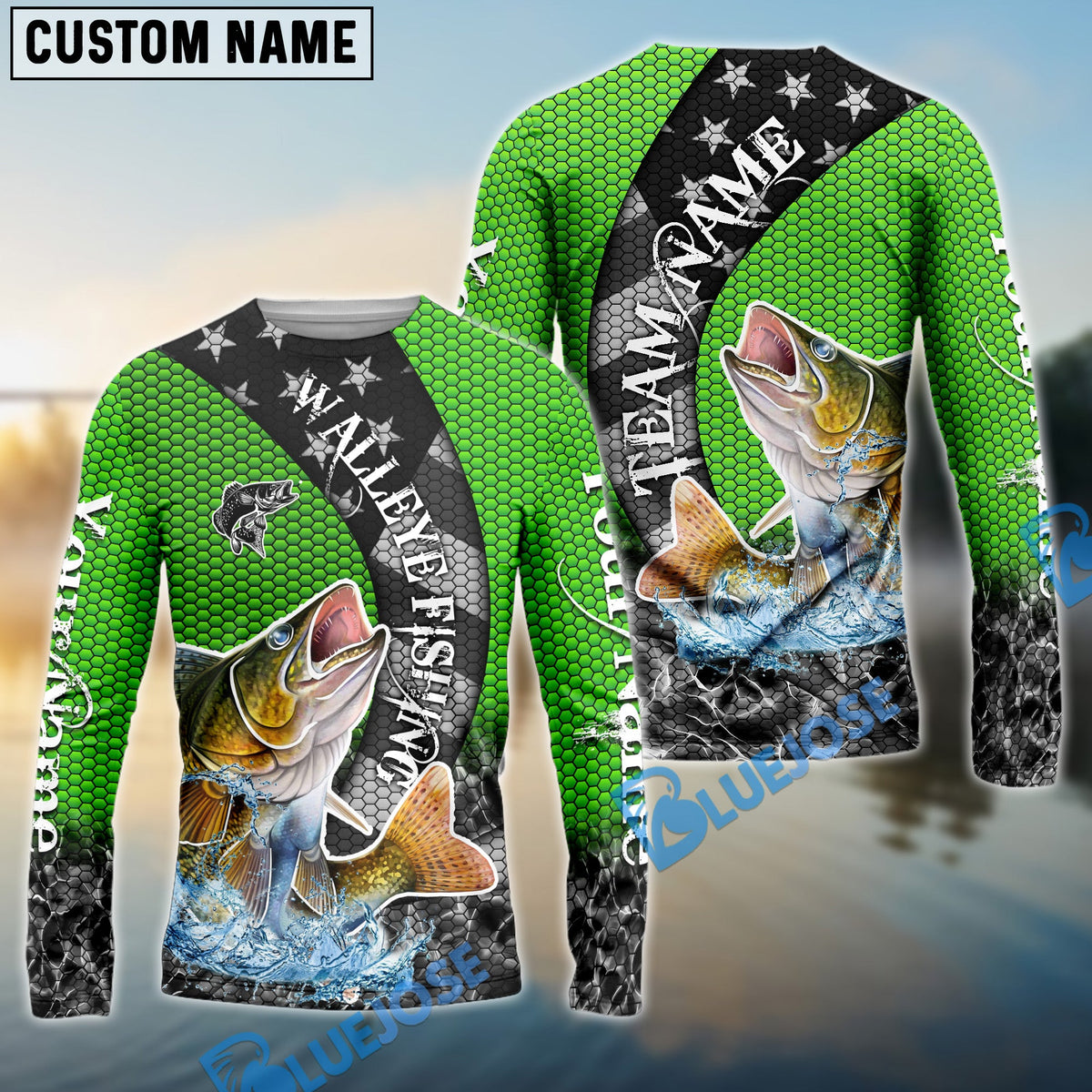 Bluejose Walleye Fishing American Flag Green Stars Custom Name &amp; Team Name 3D Shirts