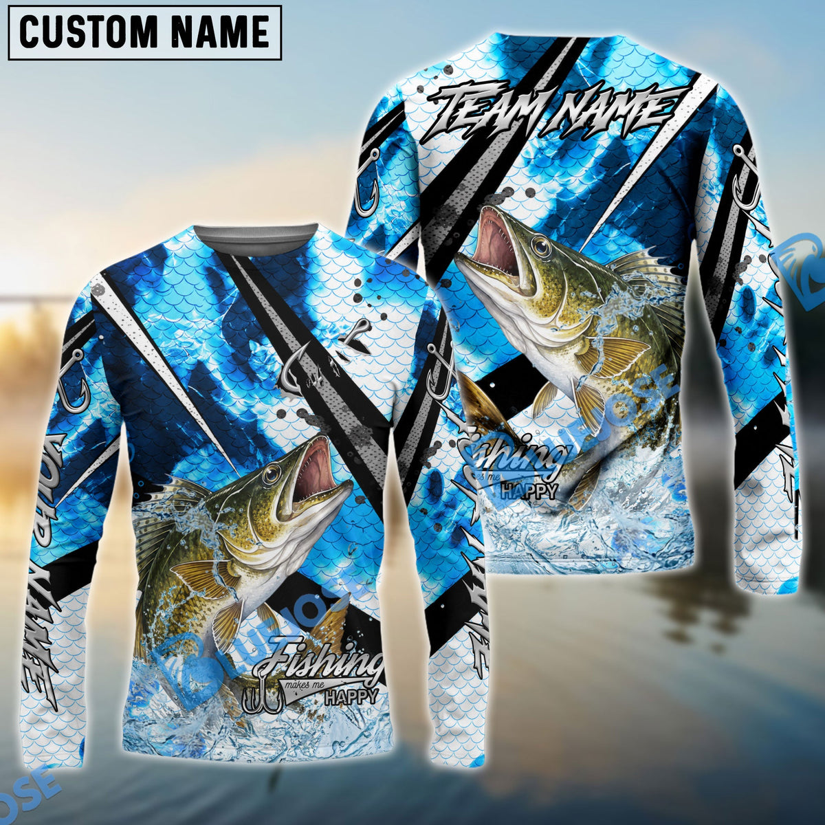 Bluejose Walleye Fishing Blue Scale Splash Custom Name &amp; Team Name 3D Shirts