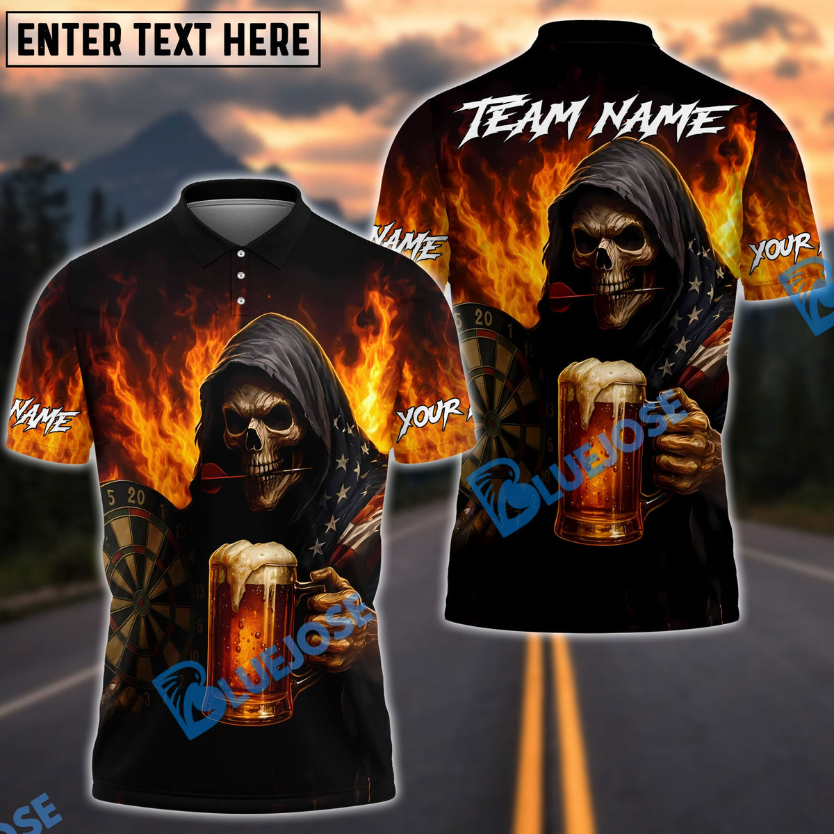 BlueJose Darts &amp; Beer Grim Reaper Customized Name, Team Name 3D Shirt (4 Colors)