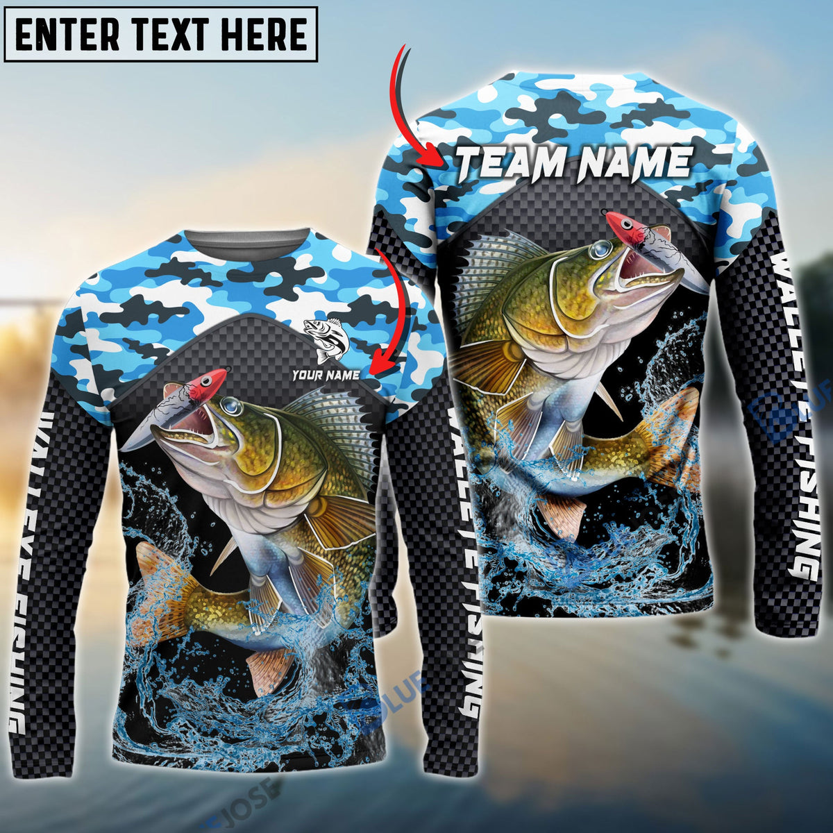 Bluejose Walleye Fishing Blue Camo Sport Custom Name &amp; Team Name 3D Shirts
