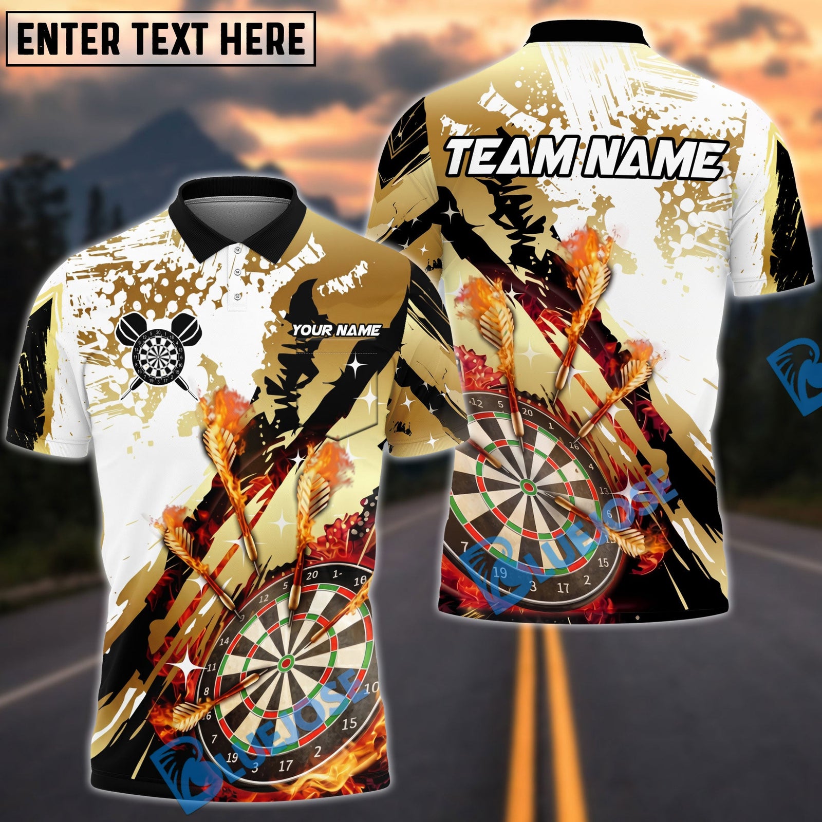 BlueJose Darts Dartboard Gold Fire Splash Personalized Name, Team Name Unisex Shirt (4 Colors)