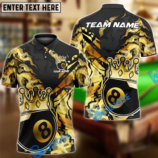 BlueJose Billiards Ball 8 King Crown Golden Pattern Personalized Name & Team Name Shirt (4 Colors)