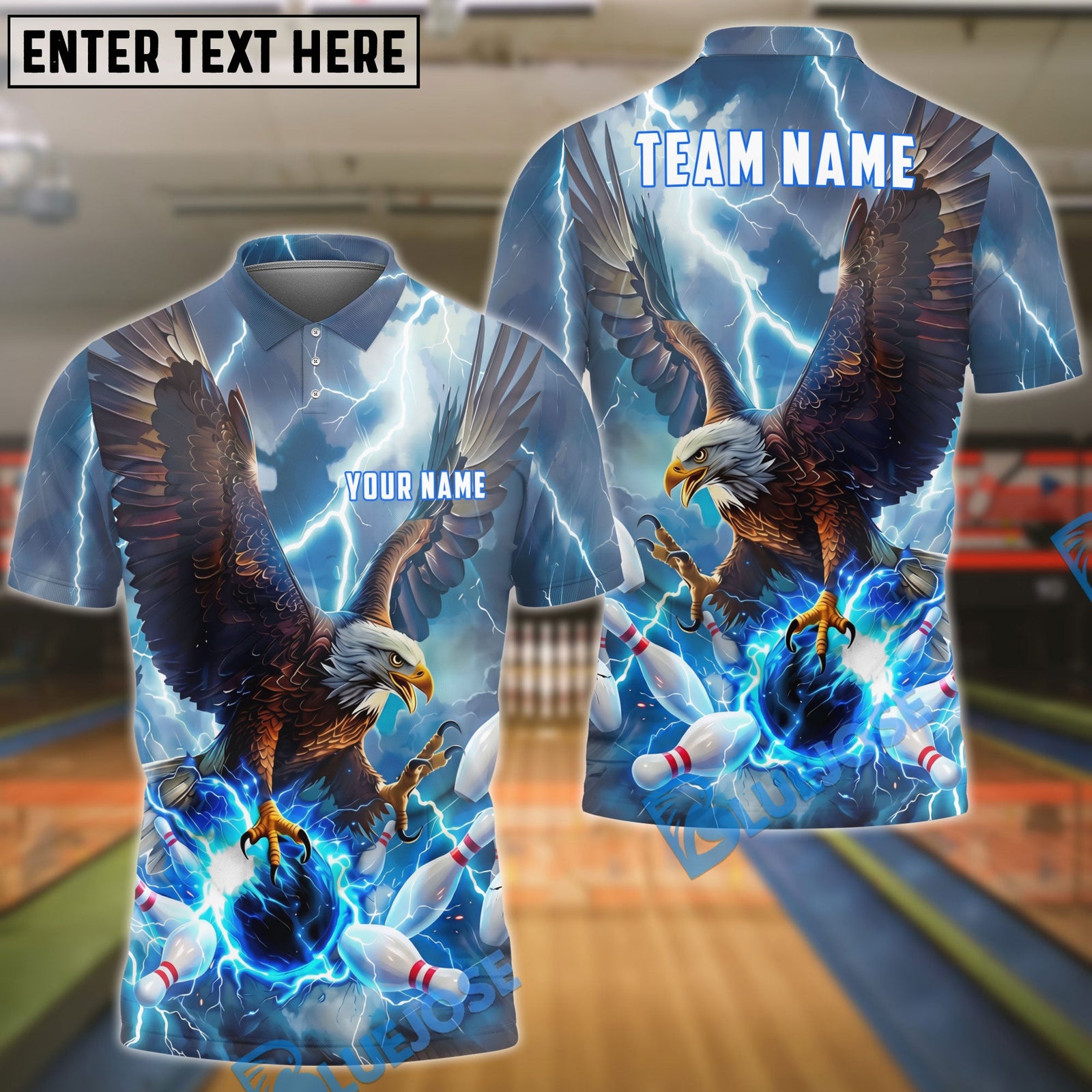 BlueJose Bowling Majestic Bald Eagle Lightning Storm Talons Gripping Ball Customized Name, Team Name 3D Shirt (4 Colors)