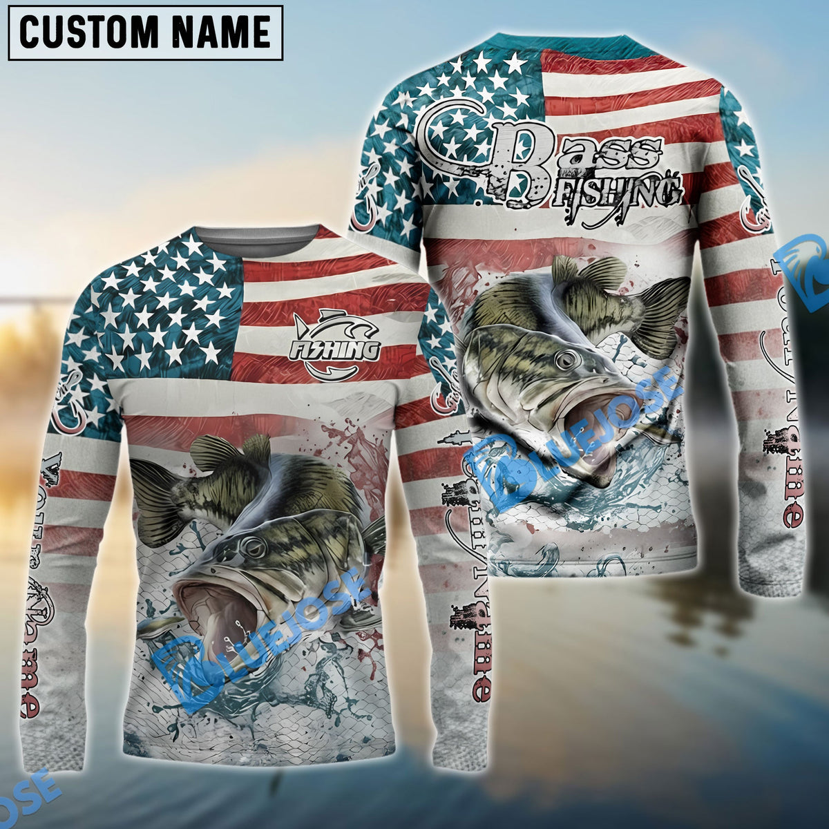 Bluejose Bass Fishing American Flag Splash Design Custom Name &amp; Team Name 3D Shirts