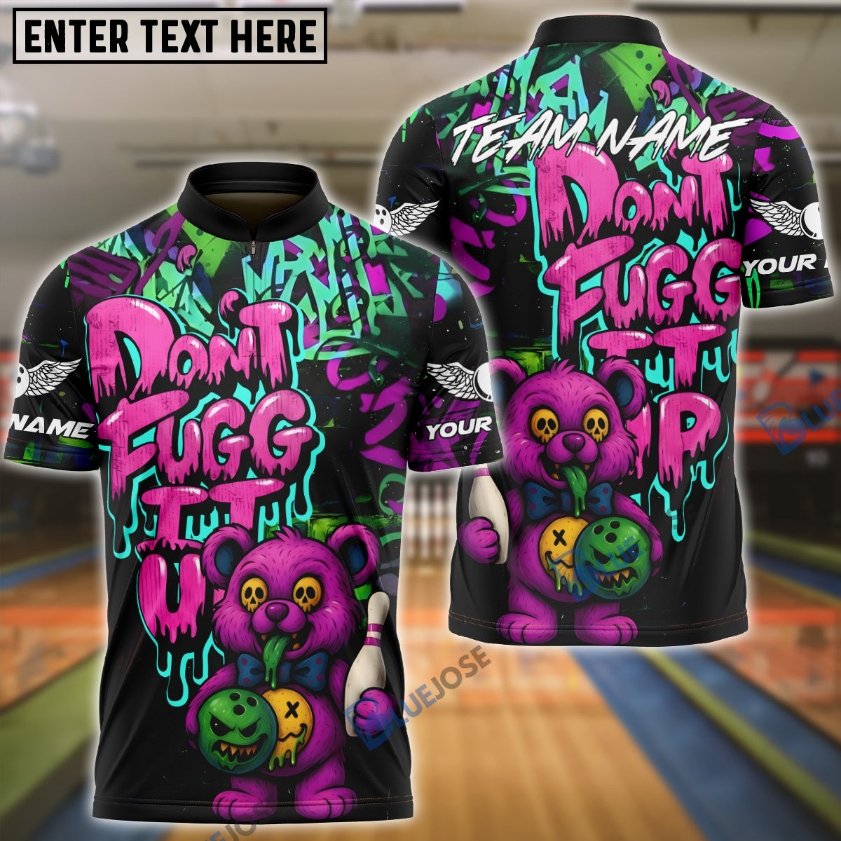 BlueJose Bowling And Pins Bear Scary Teddy Graffiti Style Don't Fugg Customized Name, Team Name 3D Shirt (4 Colors)