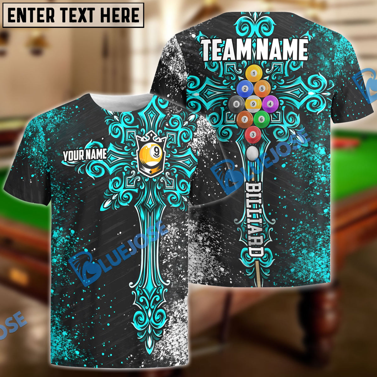 BlueJose Billiards Ball 9 Cross Personalized Name, Team Name Unisex Shirt (4 Colors)
