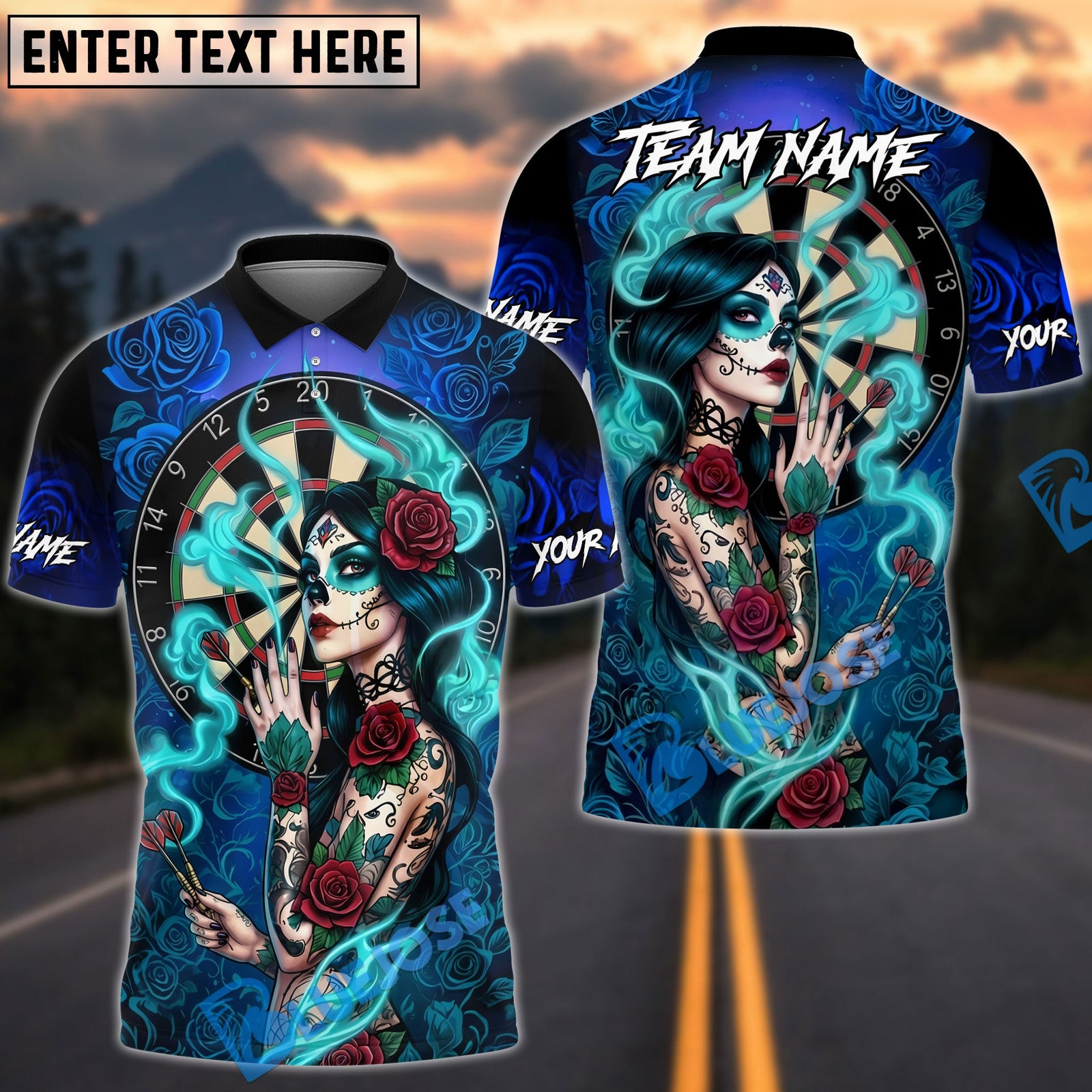 BlueJose Darts Gothic Sugar Skull Rose Smoke Multicolor Options Personalized Name Shirt (4 Colors)