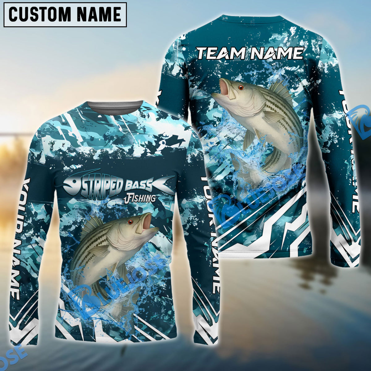 Bluejose Striped Bass Fishing Splash Pro Design Name &amp; Team Name 3D Shirts