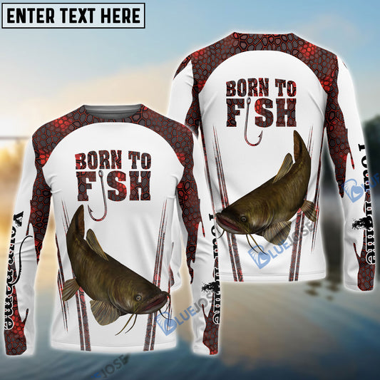 Bluejose "Born To Fish" Catfish Fishing Red Camo Custom Name   Long Sleeve Fishing Shirts