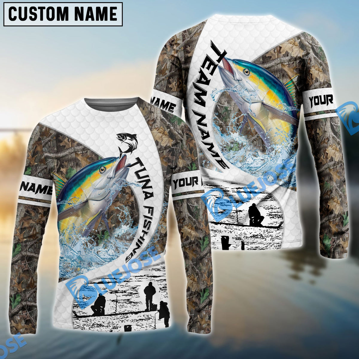 Bluejose Tuna Fishing Camo Forest Scene Custom Name &amp; Team Name 3D Shirts