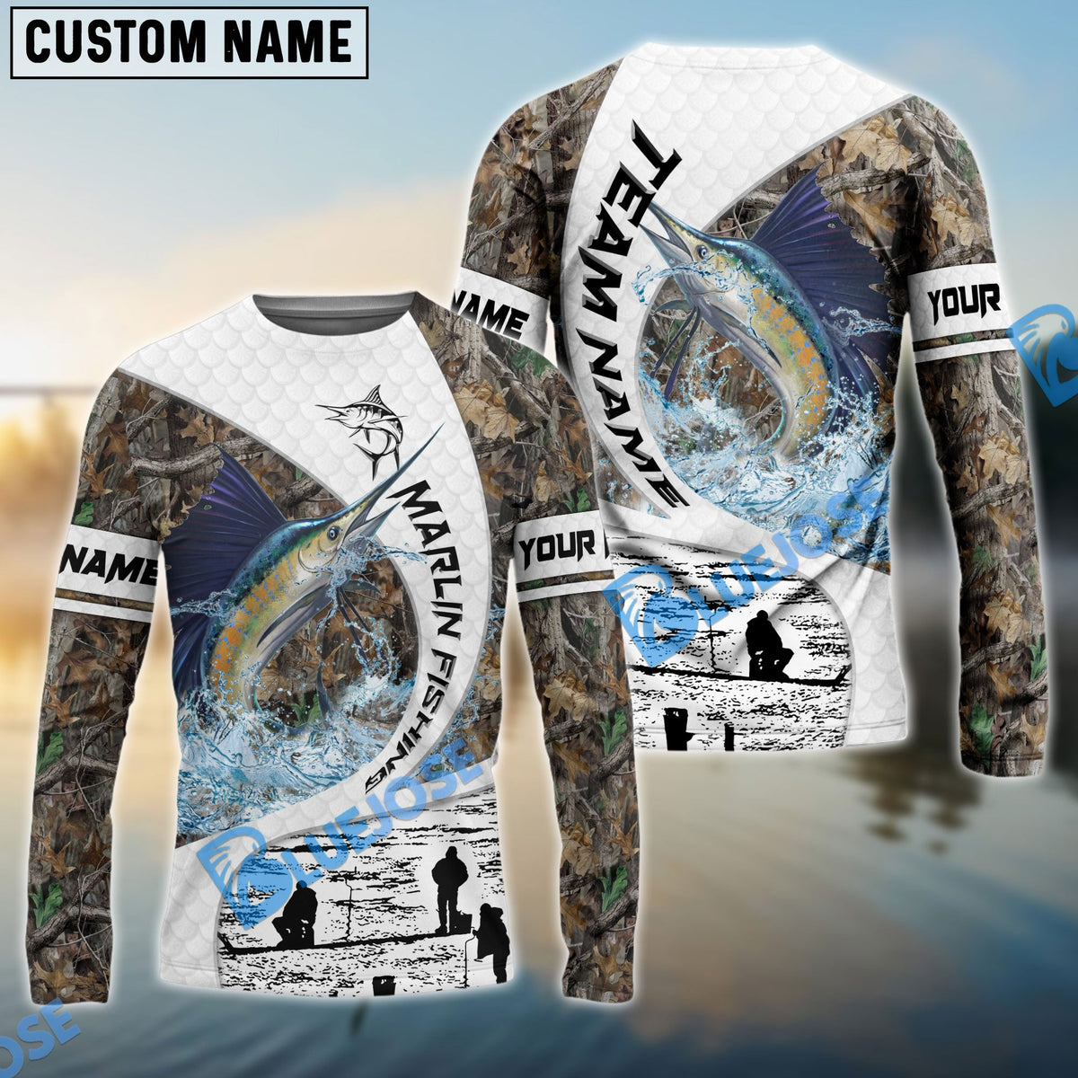 Bluejose Marlin Fishing Camo Forest Scene Custom Name &amp; Team Name 3D Shirts