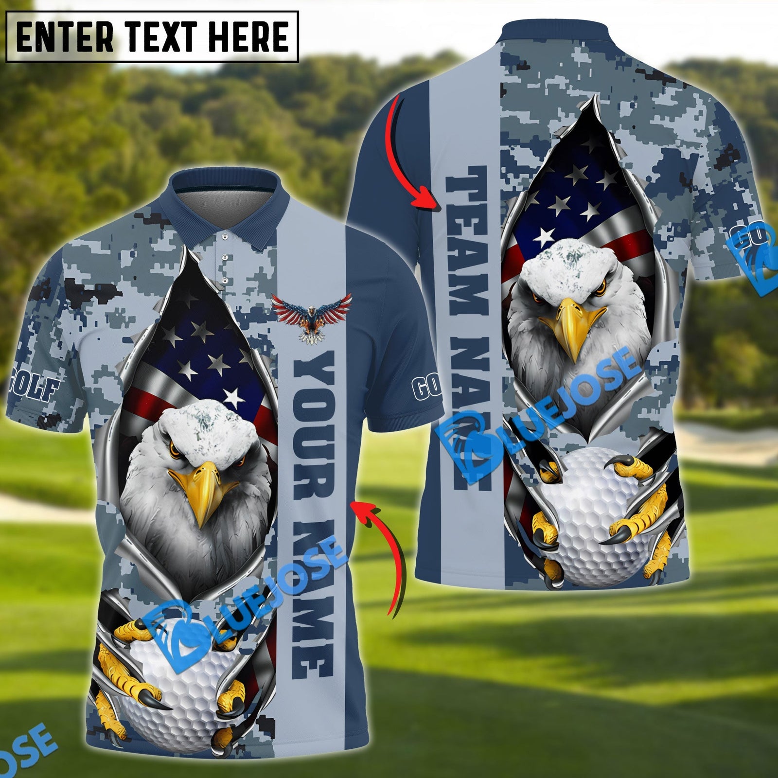 BlueJose Golf American Eagle Army Camo Customized Name, Team Name 3D Shirts (4 Colors)