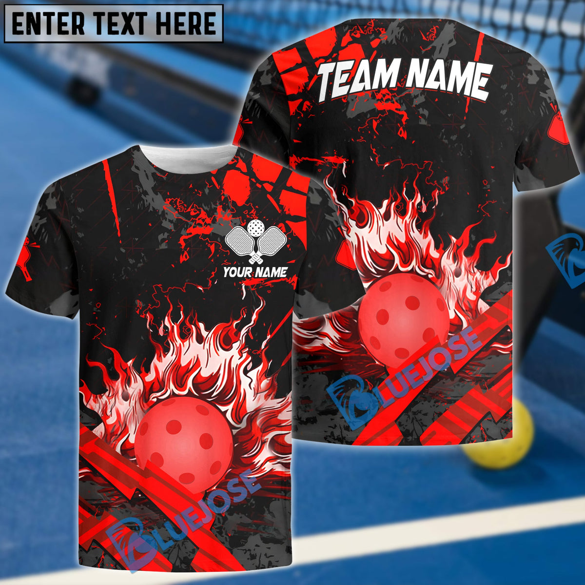 BlueJose Pickleball Grunge Flame Personalized Name, Team Name Unisex Shirt (4 Colors)