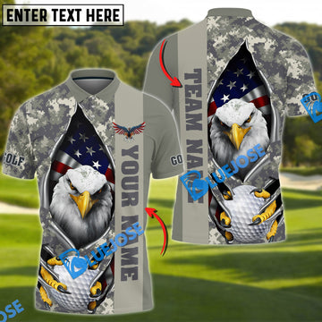 BlueJose Golf American Eagle Army Camo Customized Name, Team Name 3D Shirts (4 Colors)