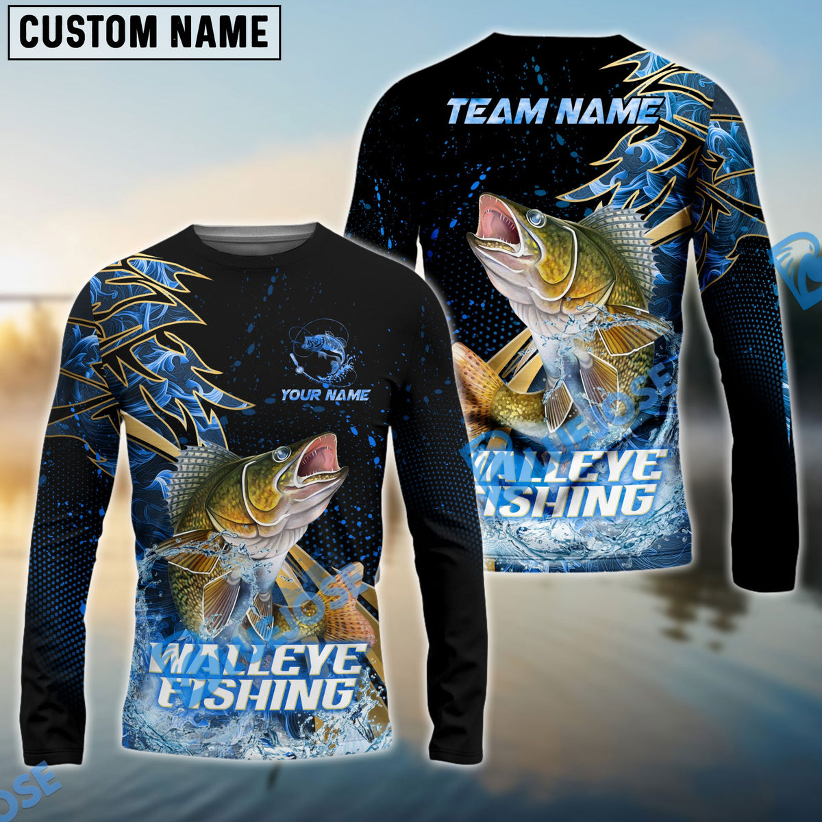 Bluejose Walleye Fishing Hooked Jump Splash Custom Name &amp; Team Name 3D Shirts