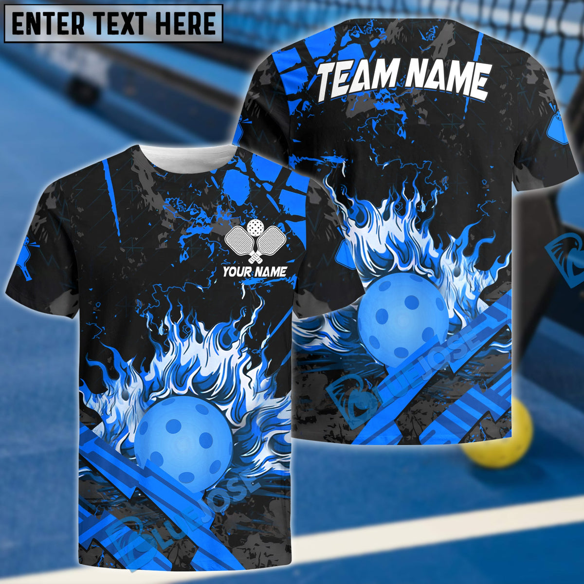 BlueJose Pickleball Grunge Flame Personalized Name, Team Name Unisex Shirt (4 Colors)