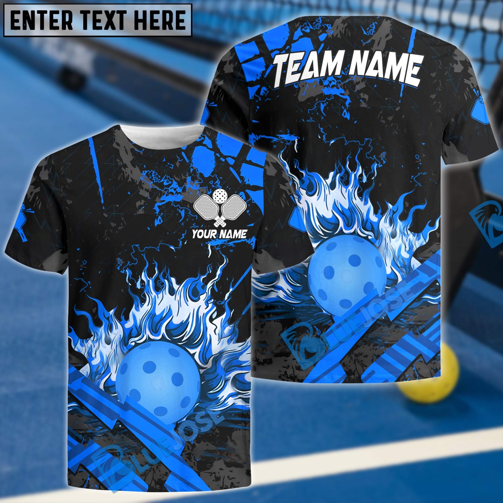BlueJose Pickleball Grunge Flame Personalized Name, Team Name Unisex Shirt (4 Colors)