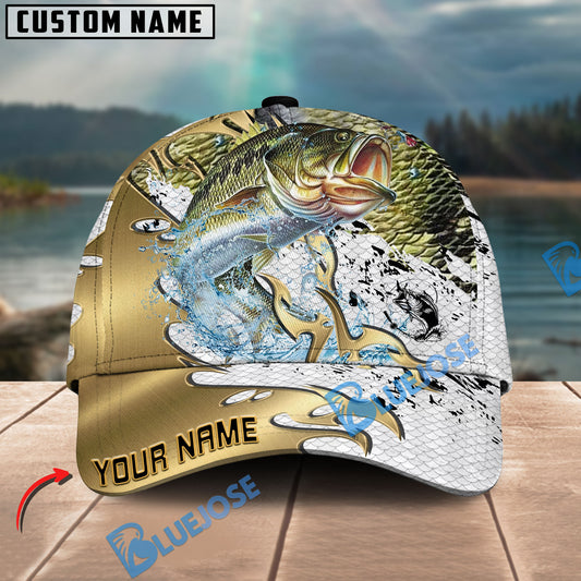 BlueJose Fishing Scale Pattern Gold Accent Water Splash Personalized Cap (13 Breeds)