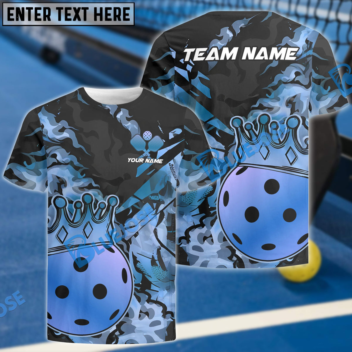 BlueJose Pickleball King Crown Golden Pattern Personalized Name, Team Name Unisex Shirt (4 Colors)