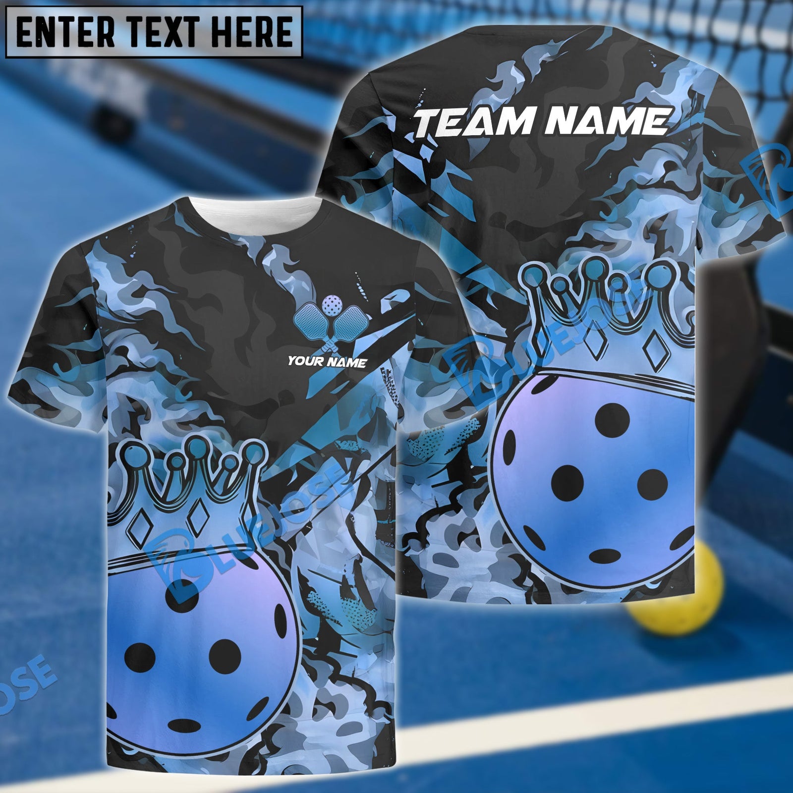 BlueJose Pickleball King Crown Golden Pattern Personalized Name, Team Name Unisex Shirt (4 Colors)