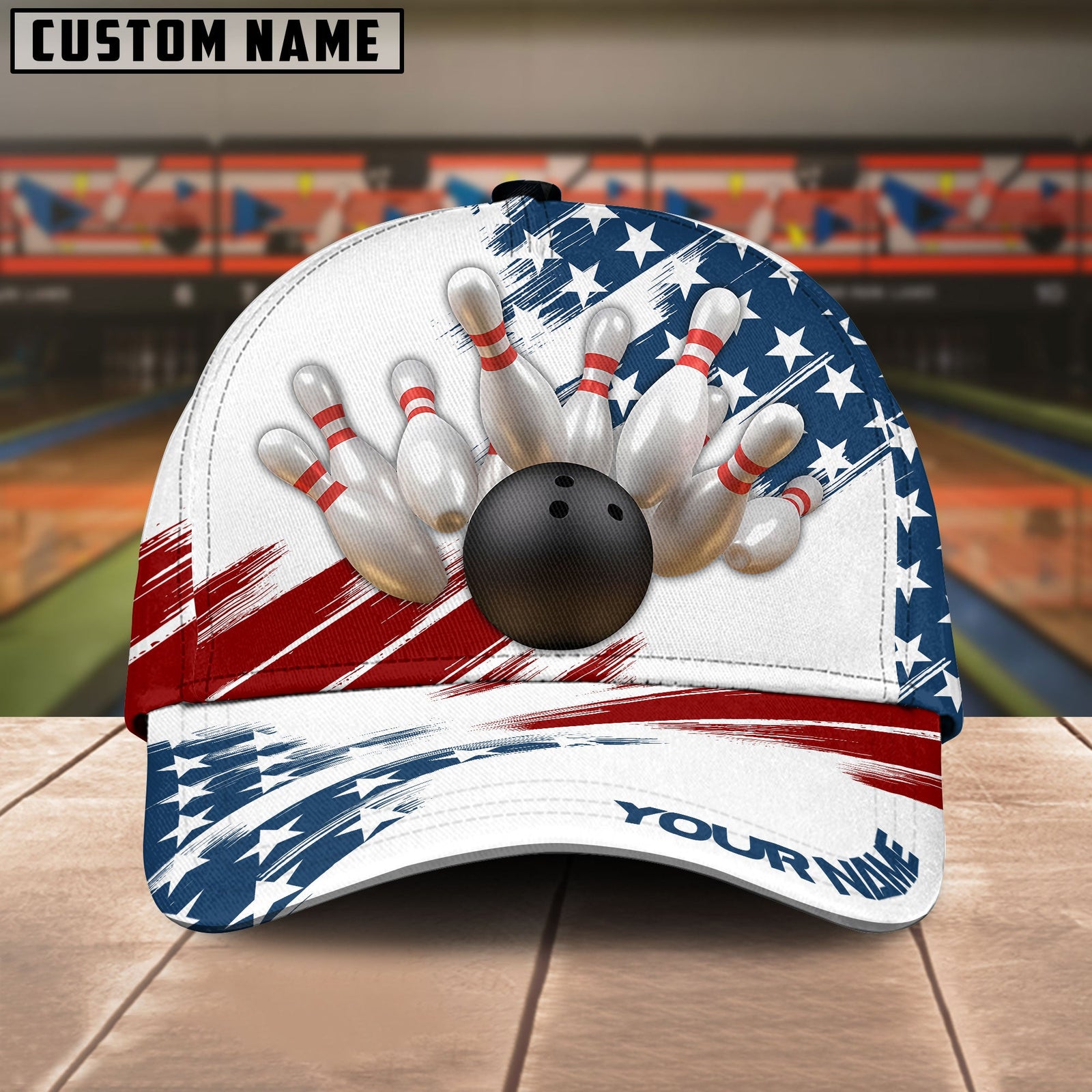 BlueJose Bowling US Flag Personalized Name Cap