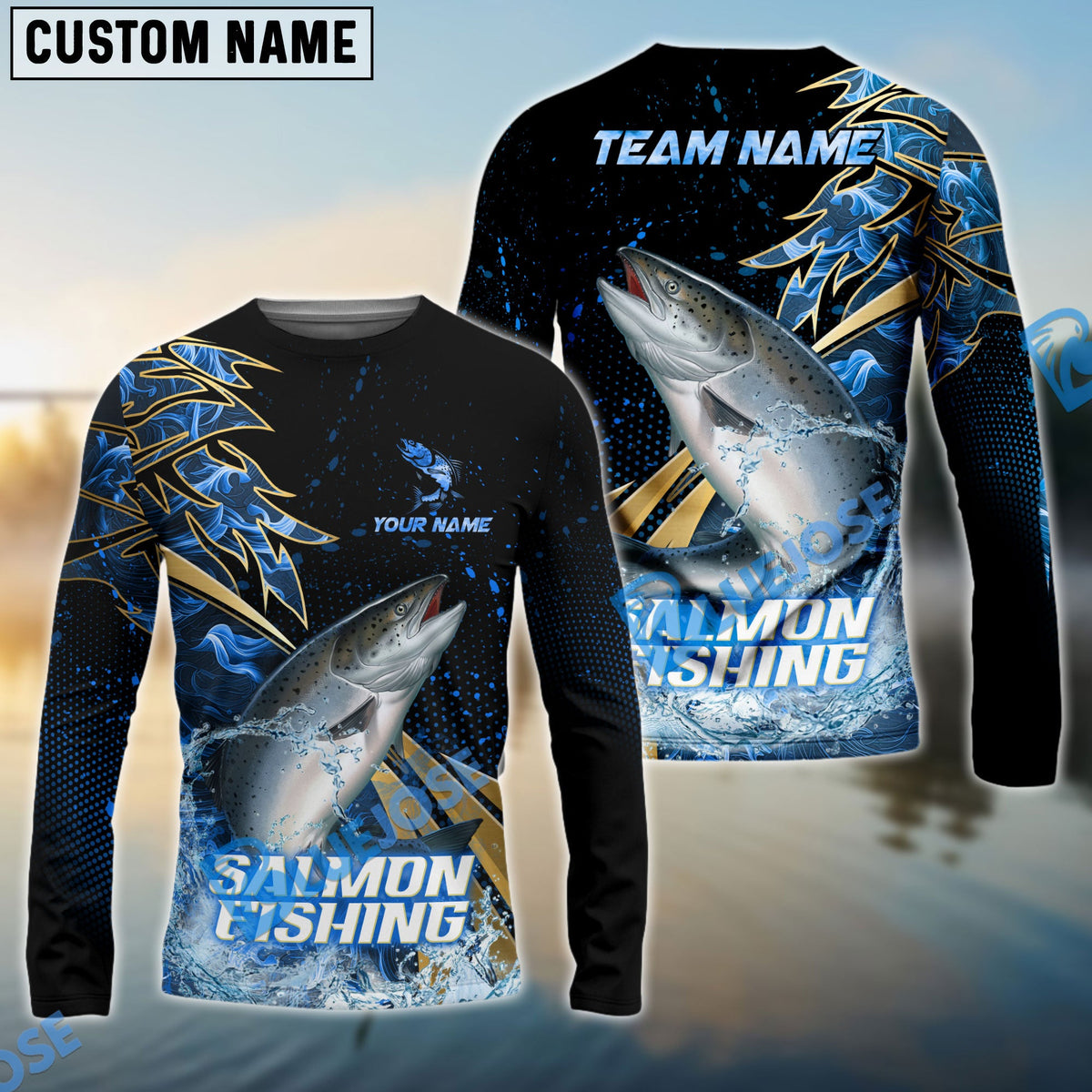 Bluejose Salmon Fishing Hooked Jump Splash Custom Name &amp; Team Name 3D Shirts