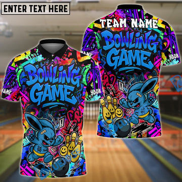 BlueJose Bowling And Pins Graffiti Colorful Bunny Customized Name, Team Name 3D Shirt (4 Colors)