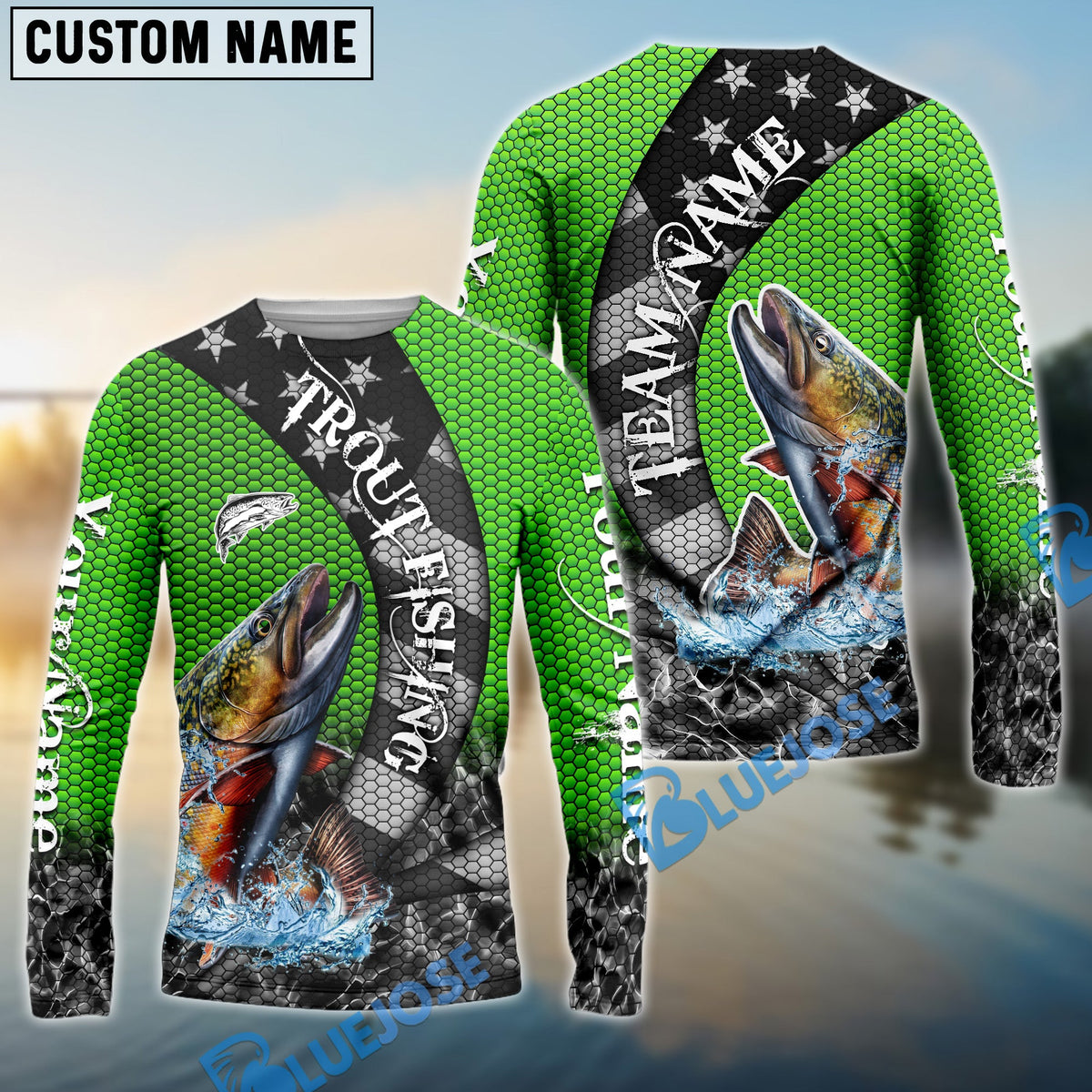 Bluejose Trout Fishing American Flag Green Stars Custom Name &amp; Team Name 3D Shirts