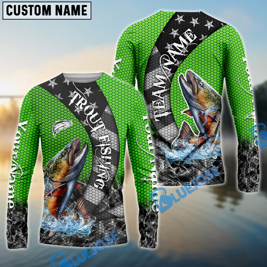 Bluejose Trout Fishing American Flag Green Stars Custom Name & Team Name 3D Shirts