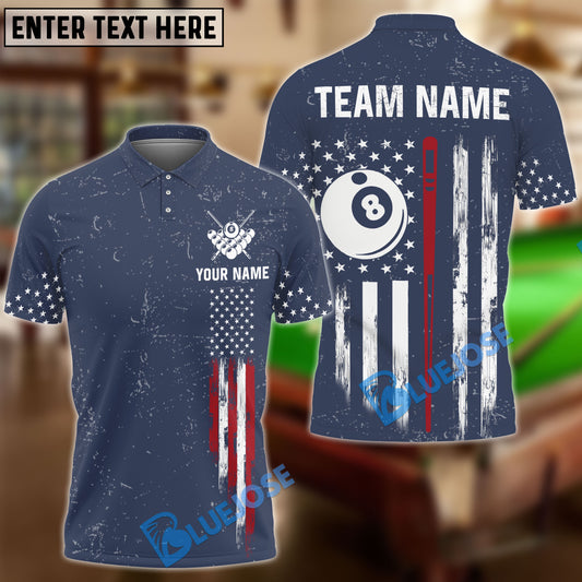 BlueJose Billiards Ball 8 USA Flag with Vertical Cues Customized Name, Team Name 3D Shirt