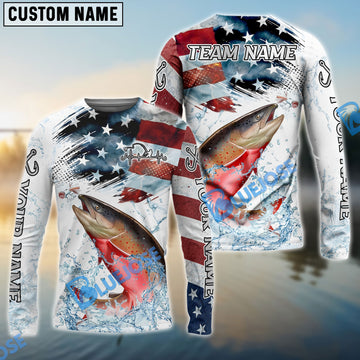Bluejose Salmon Fishing Patriotic Water Splash Theme Custom Name & Team Name 3D Shirts