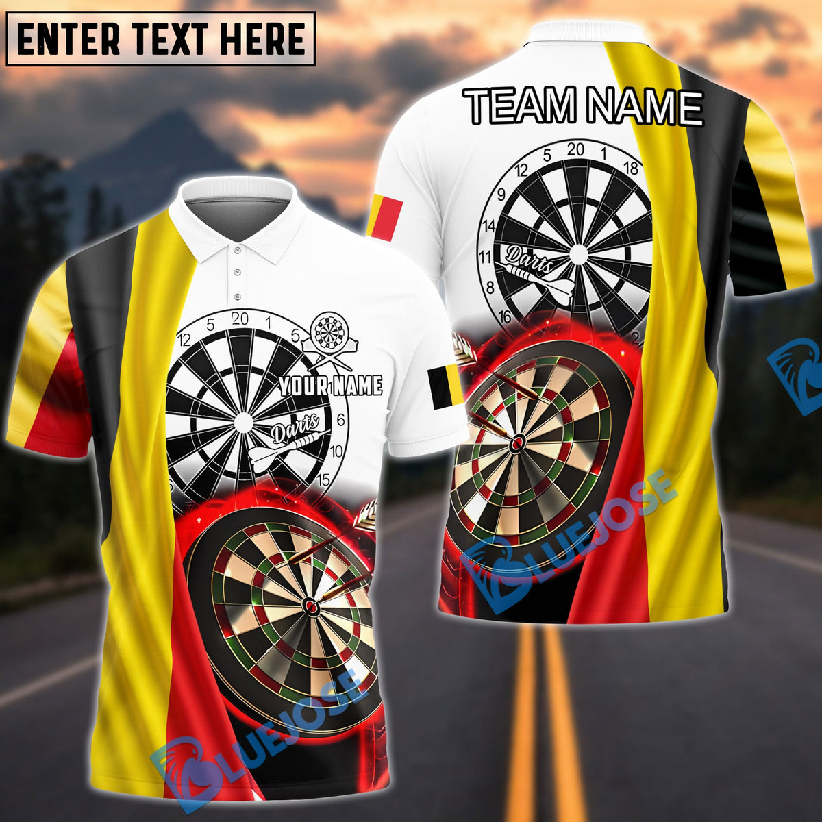 BlueJose Darts Belgium Flag Dartboard Style Personalized Name, Team Name Shirt