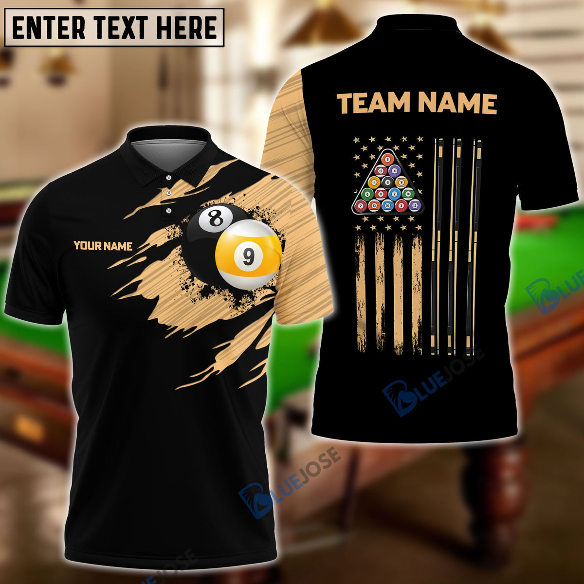 BlueJose Billiards Team Golden 8 Ball &amp; 9 Ball Personalized Shirt