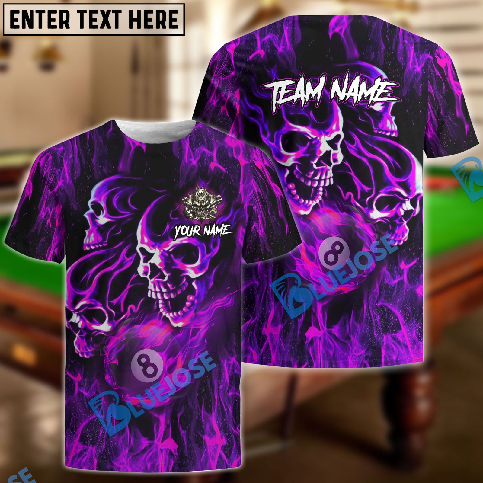 BlueJose Billiards 8 Ball Fusion Skulls Personalized Name, Team Name Unisex Shirt ( 4 Colors )