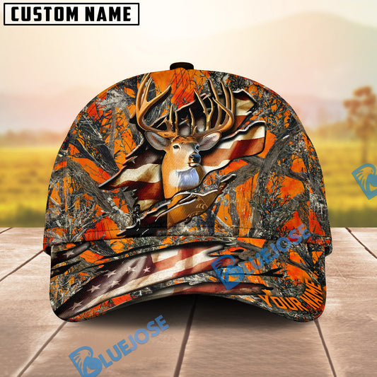 BlueJose Deer Hunting Eternity Cracked Flag Multicolor Personalized Name 3D Cap