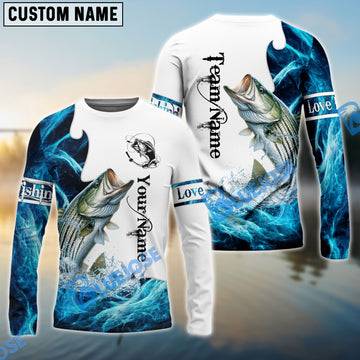 BlueJose Customize Name Striped Bass Fishing Water & White 3D Shirts