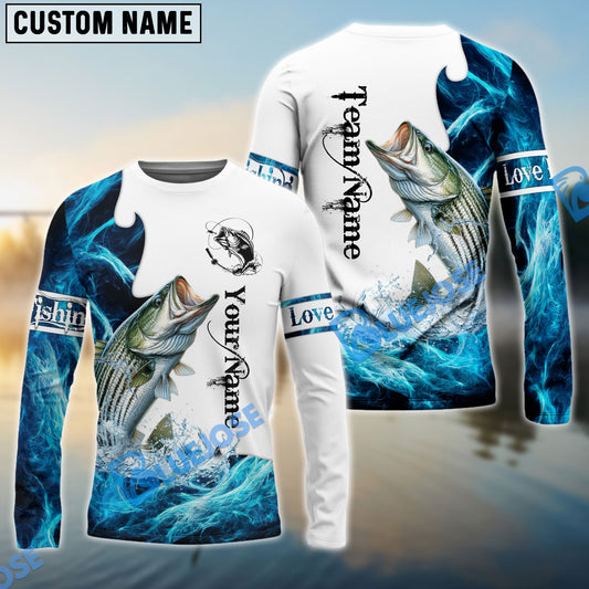 BlueJose Customize Name Striped Bass Fishing Water & White 3D Shirts