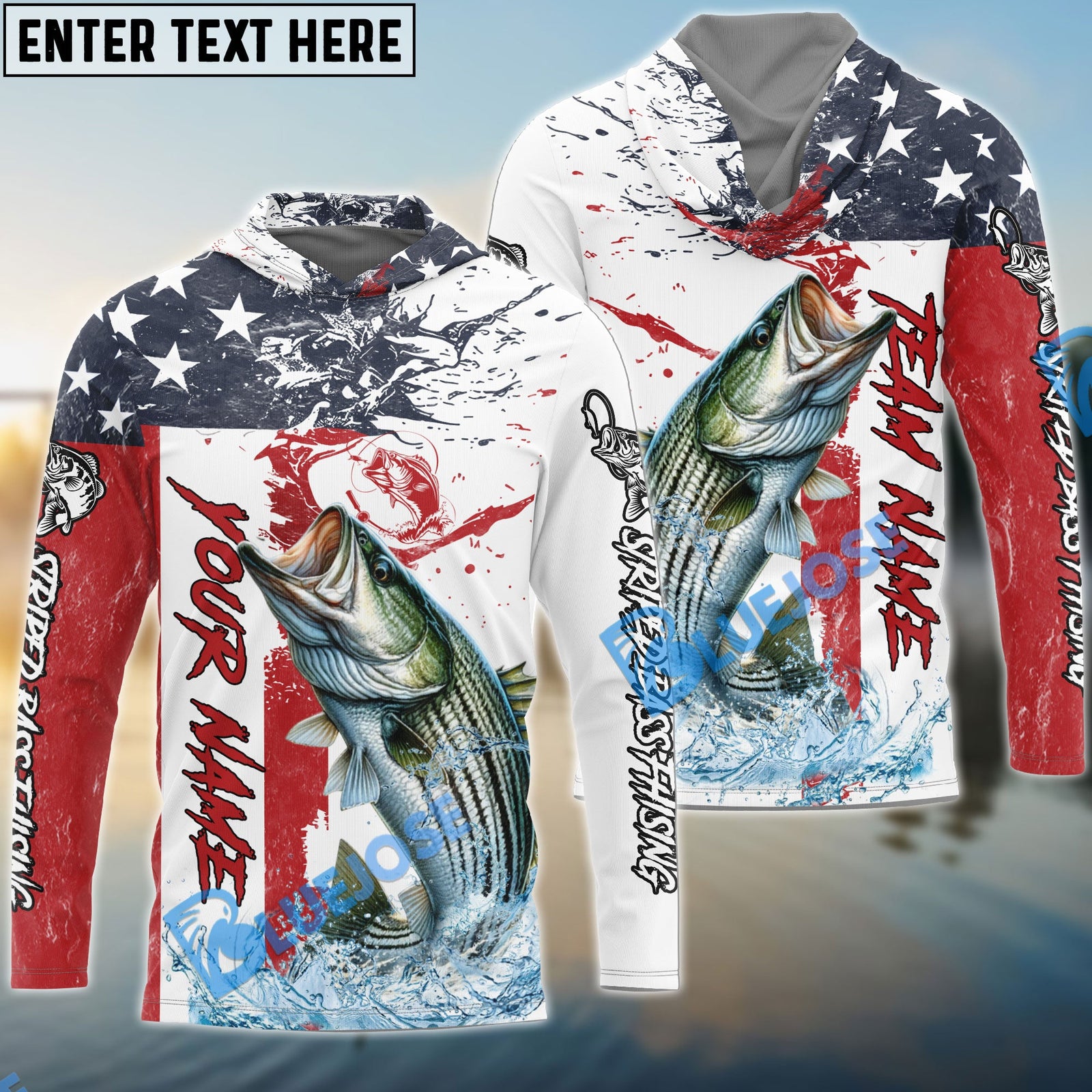 Bluejose Striped Bass Fishing American Flag Red Blue Seawave Custom Name & Team Name 3D Shirts