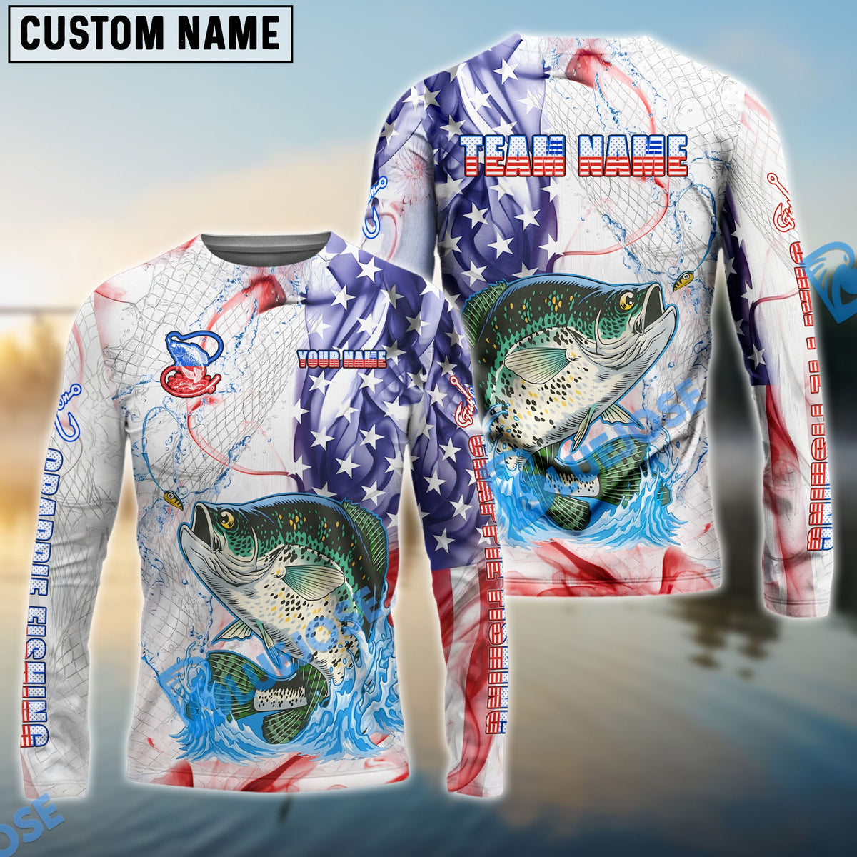Bluejose Crappie Fishing US Flag Pattern Design Name &amp; Team Name 3D Shirts