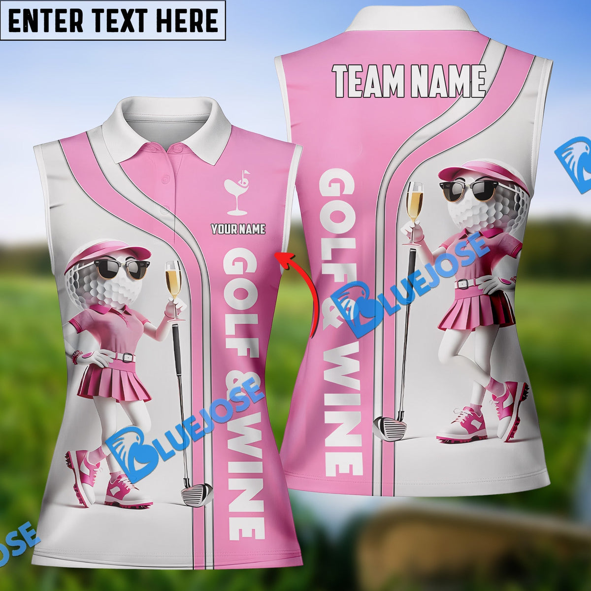BlueJose Golf &amp; Wine Polo Shirt, Ladies Golf Polo Shirt, Custom Name &amp; Team Name 3D Shirt