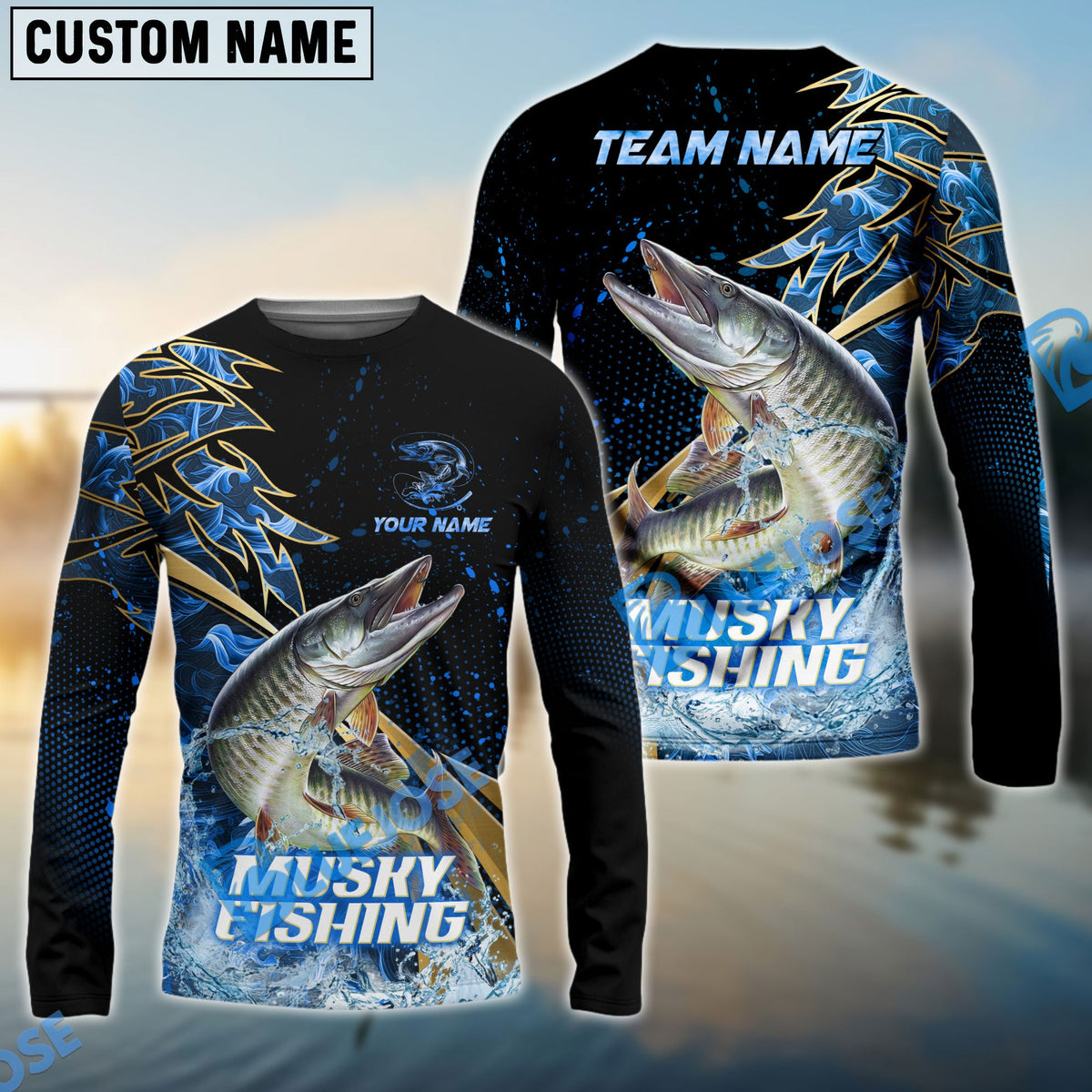 Bluejose Musky Fishing Hooked Jump Splash Custom Name &amp; Team Name 3D Shirts