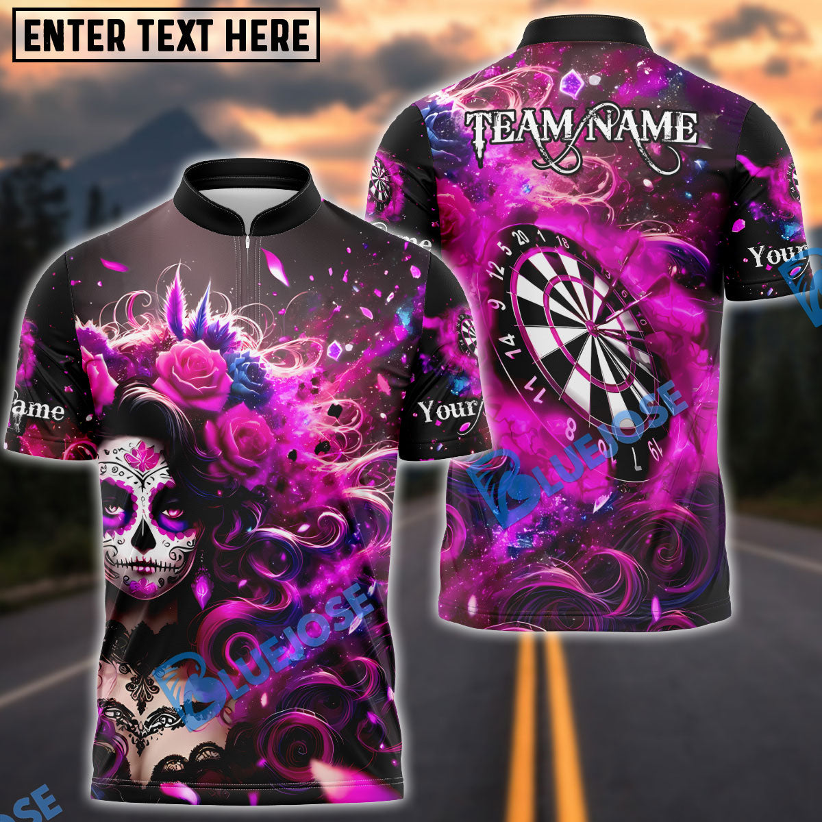 BlueJose Darts Sugar Skull & Roses Multicolor Options Personalized Name Shirt (4 Colors)