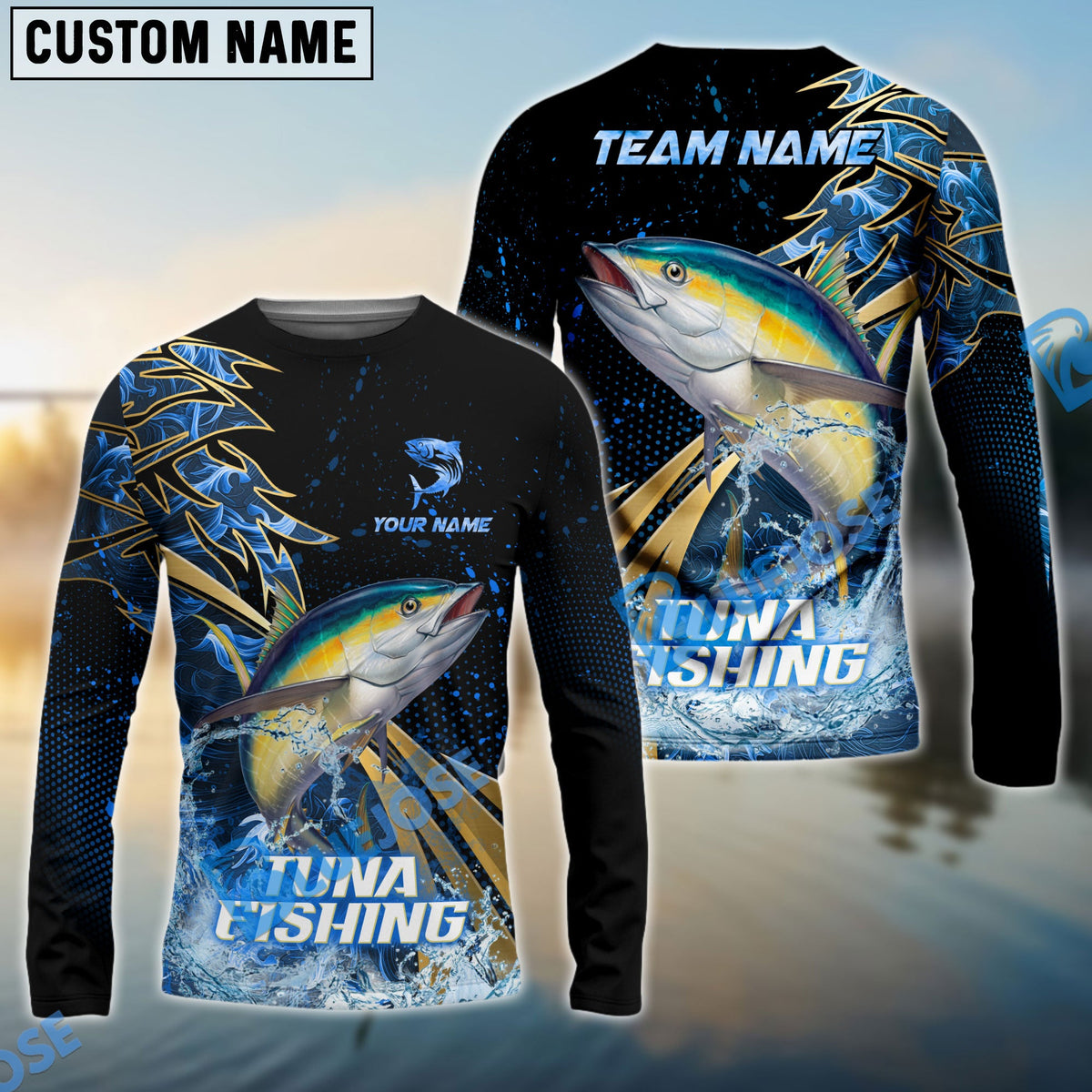 Bluejose Tuna Fishing Hooked Jump Splash Custom Name &amp; Team Name 3D Shirts
