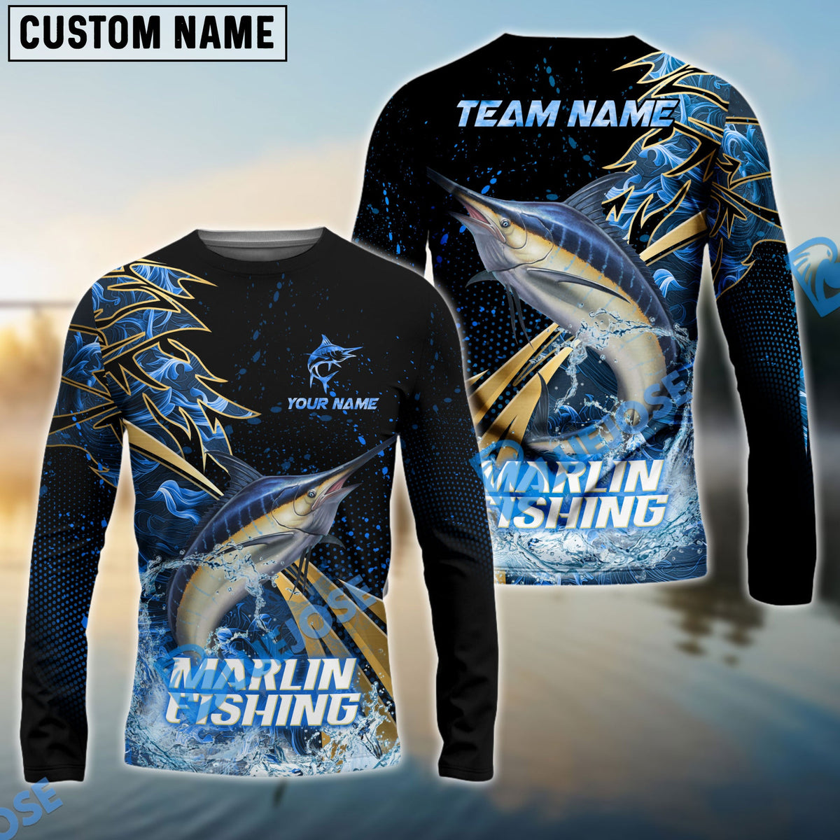 Bluejose Marlin Fishing Hooked Jump Splash Custom Name &amp; Team Name 3D Shirts